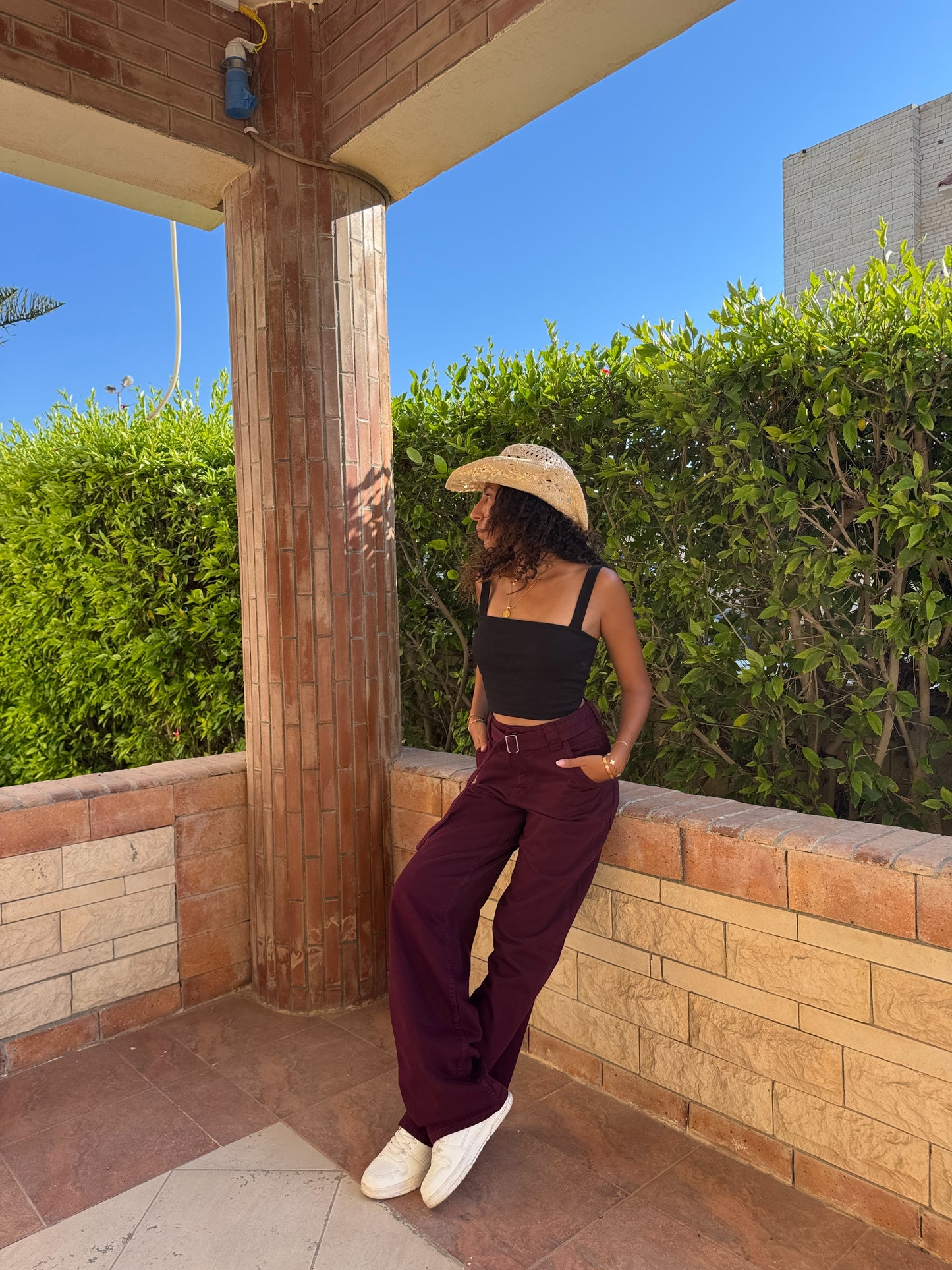“Burgundy Belted Baggy Pants”