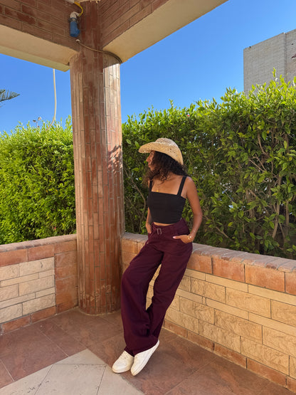 “Burgundy Belted Baggy Pants”
