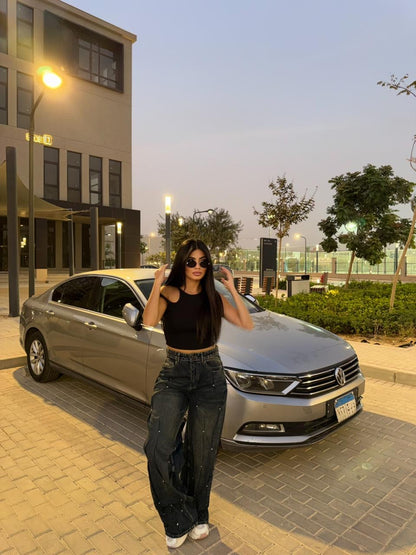 Pearl Embellished Wide Leg Denim Pants