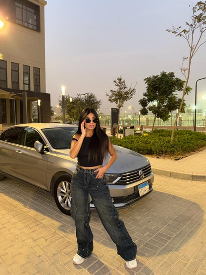 Pearl Embellished Wide Leg Denim Pants