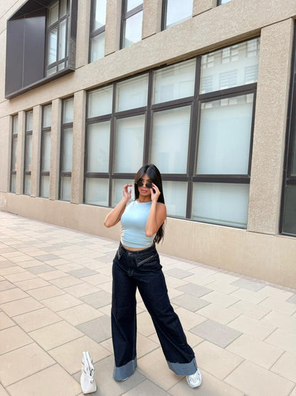 Wide Leg Denim Jeans with Metal Stud Details 2