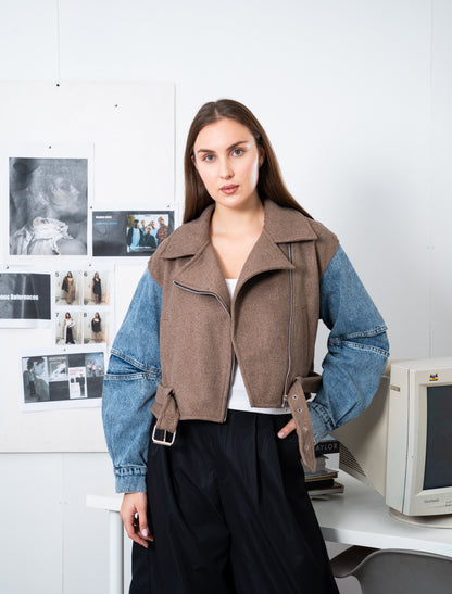 Cropped Biker Jacket with Denim Sleeves