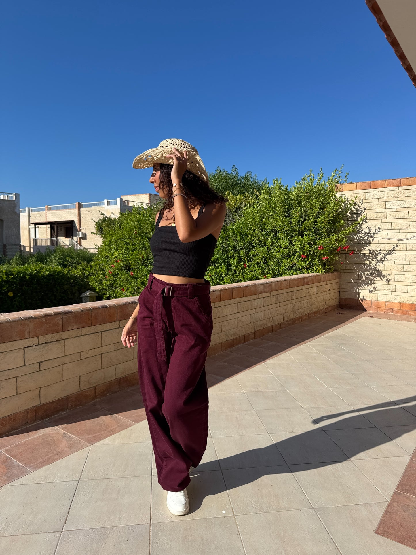 “Burgundy Belted Baggy Pants”