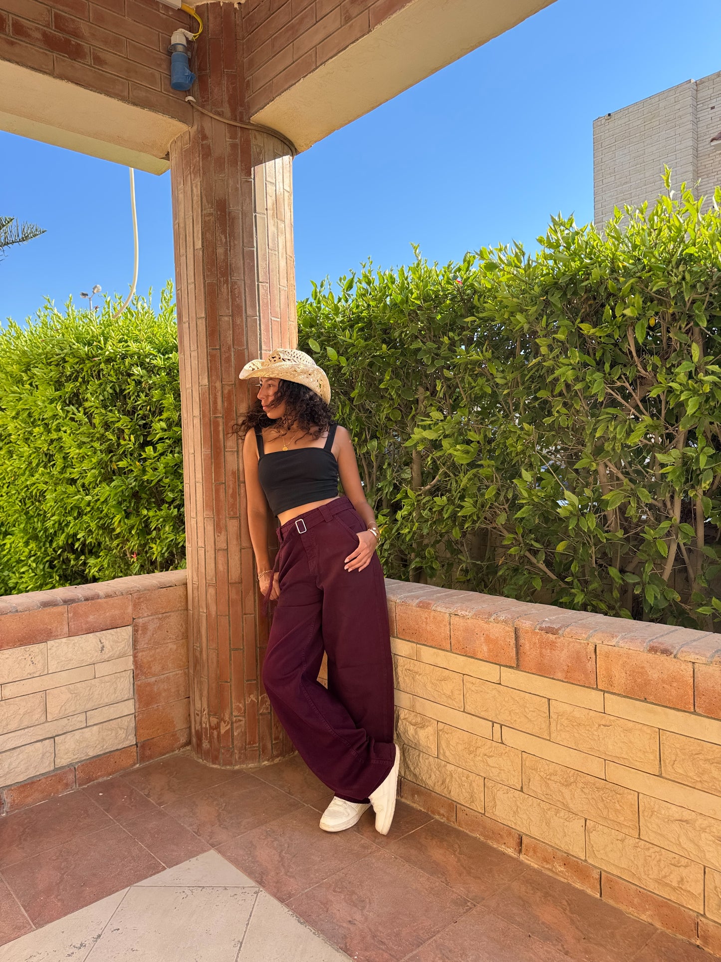 “Burgundy Belted Baggy Pants”