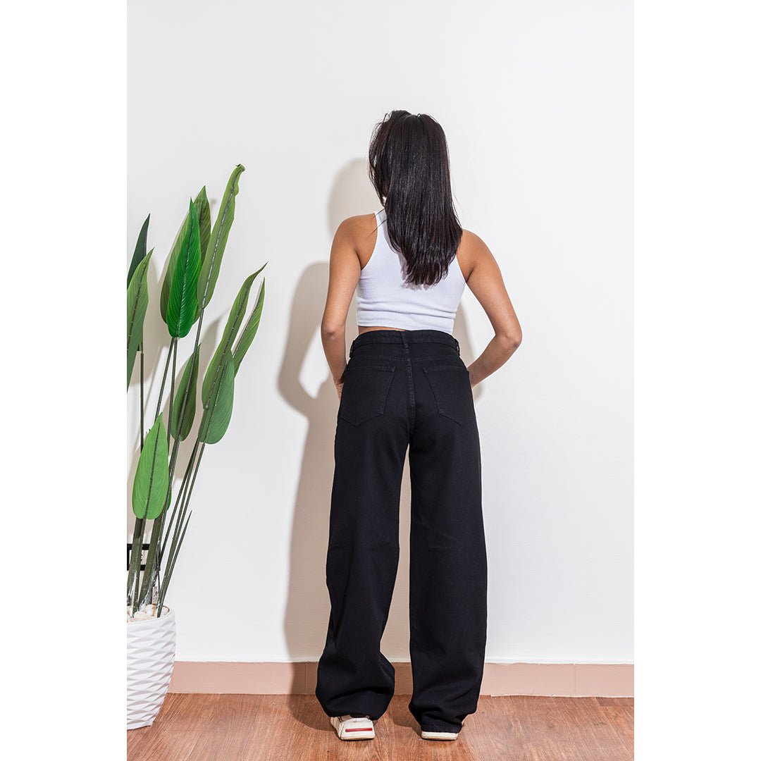 wide leg black ripped high waisted