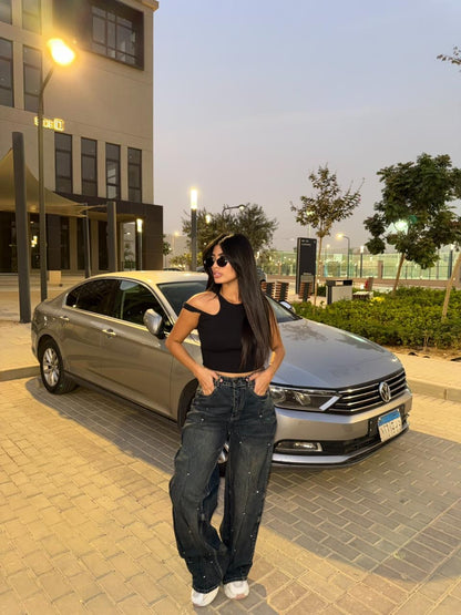 Pearl Embellished Wide Leg Denim Pants