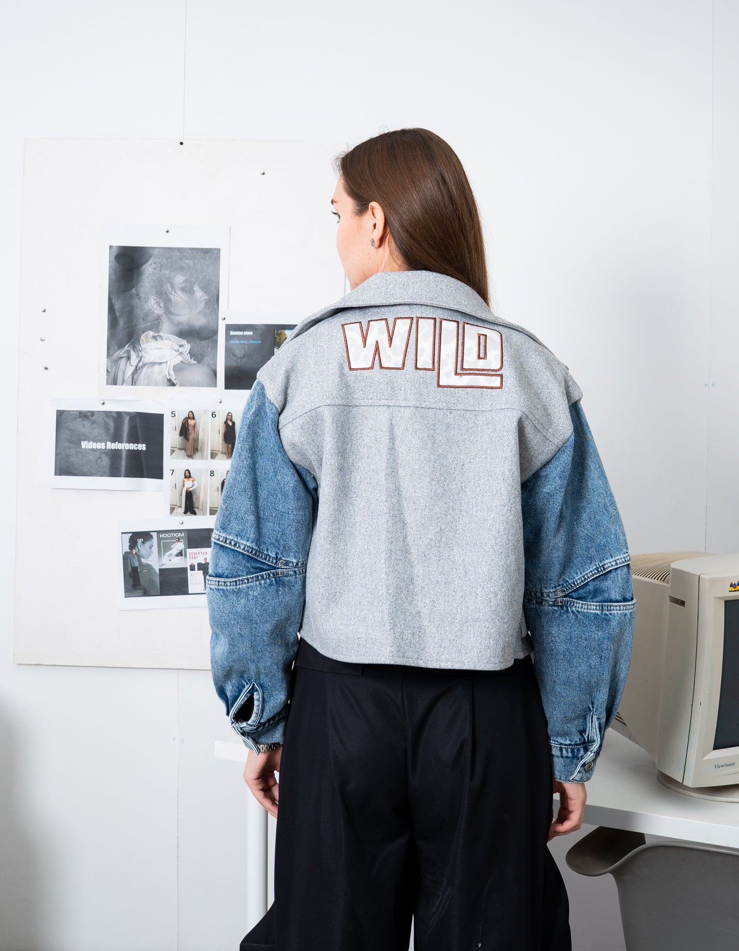 Cropped Biker Jacket with Denim Sleeves