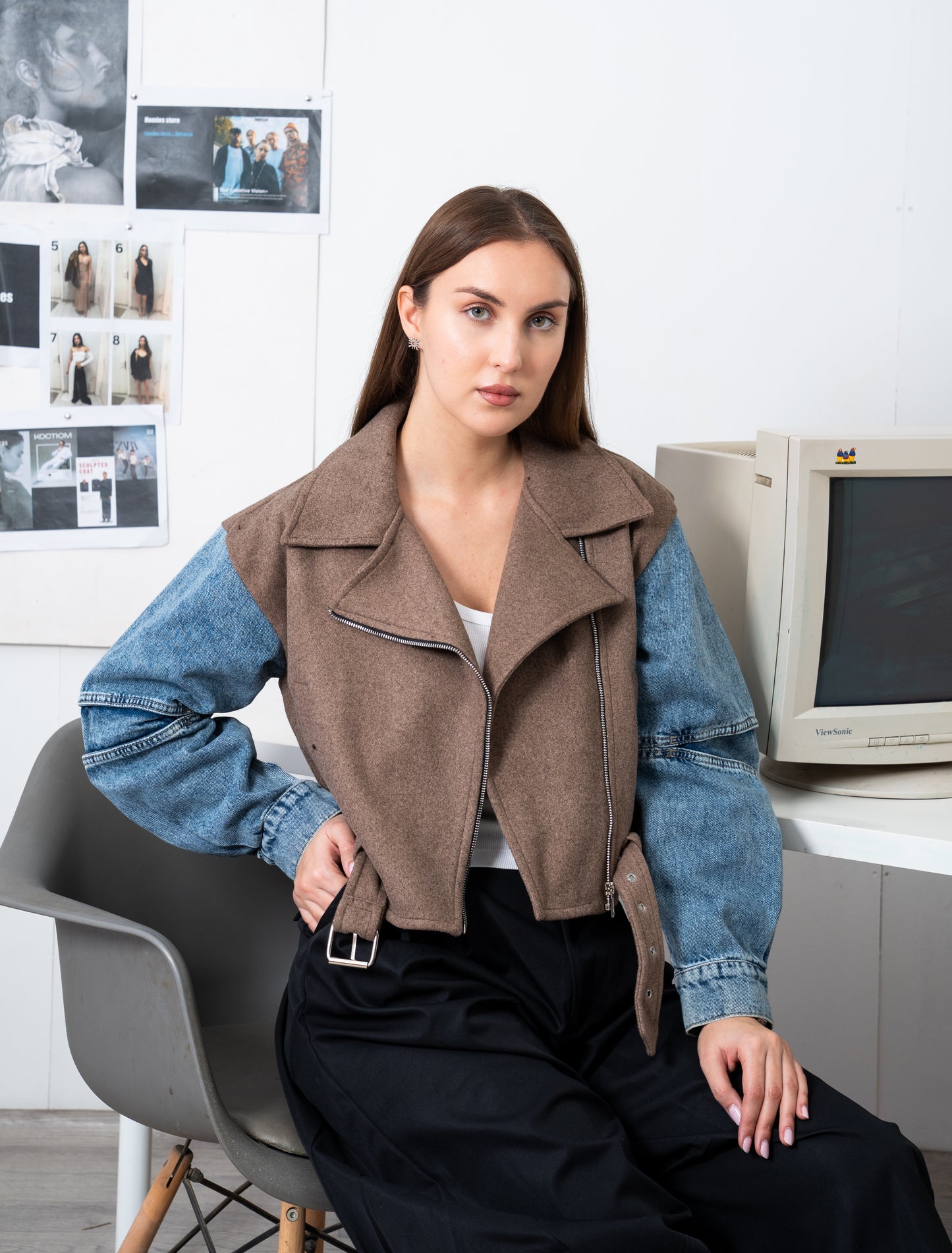 Cropped Biker Jacket with Denim Sleeves