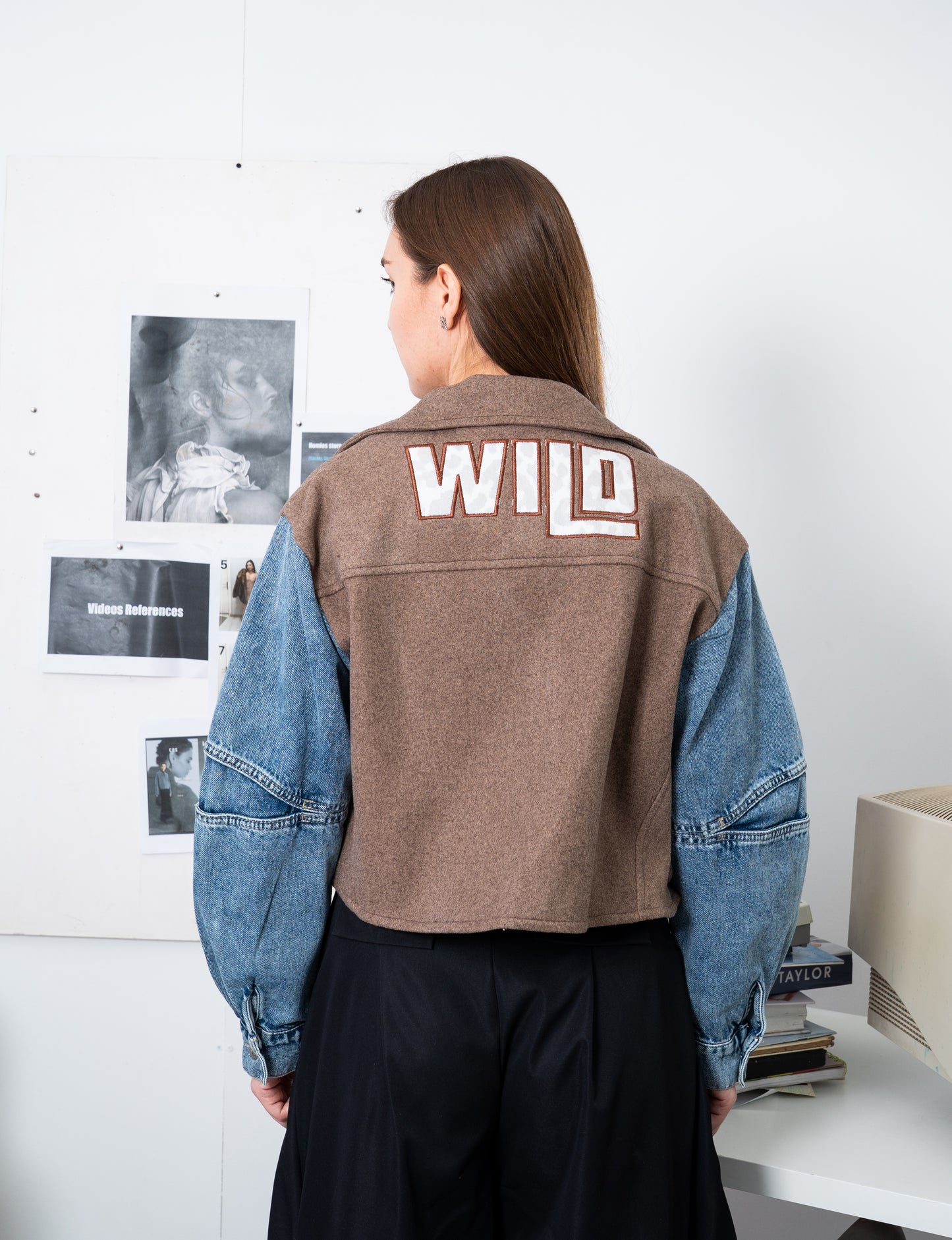 Cropped Biker Jacket with Denim Sleeves