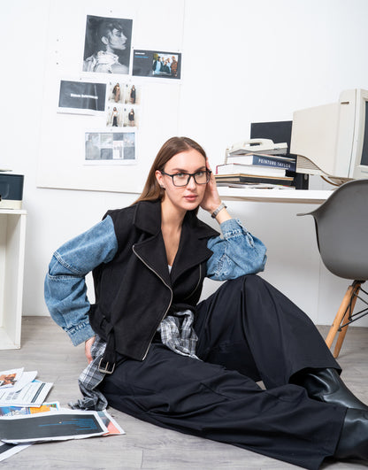 Cropped Biker Jacket with Denim Sleeves