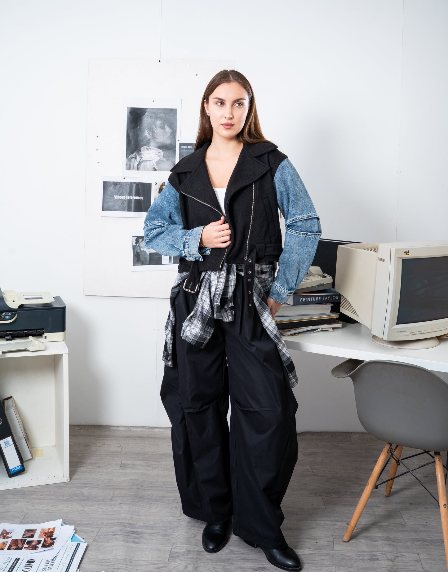 Cropped Biker Jacket with Denim Sleeves