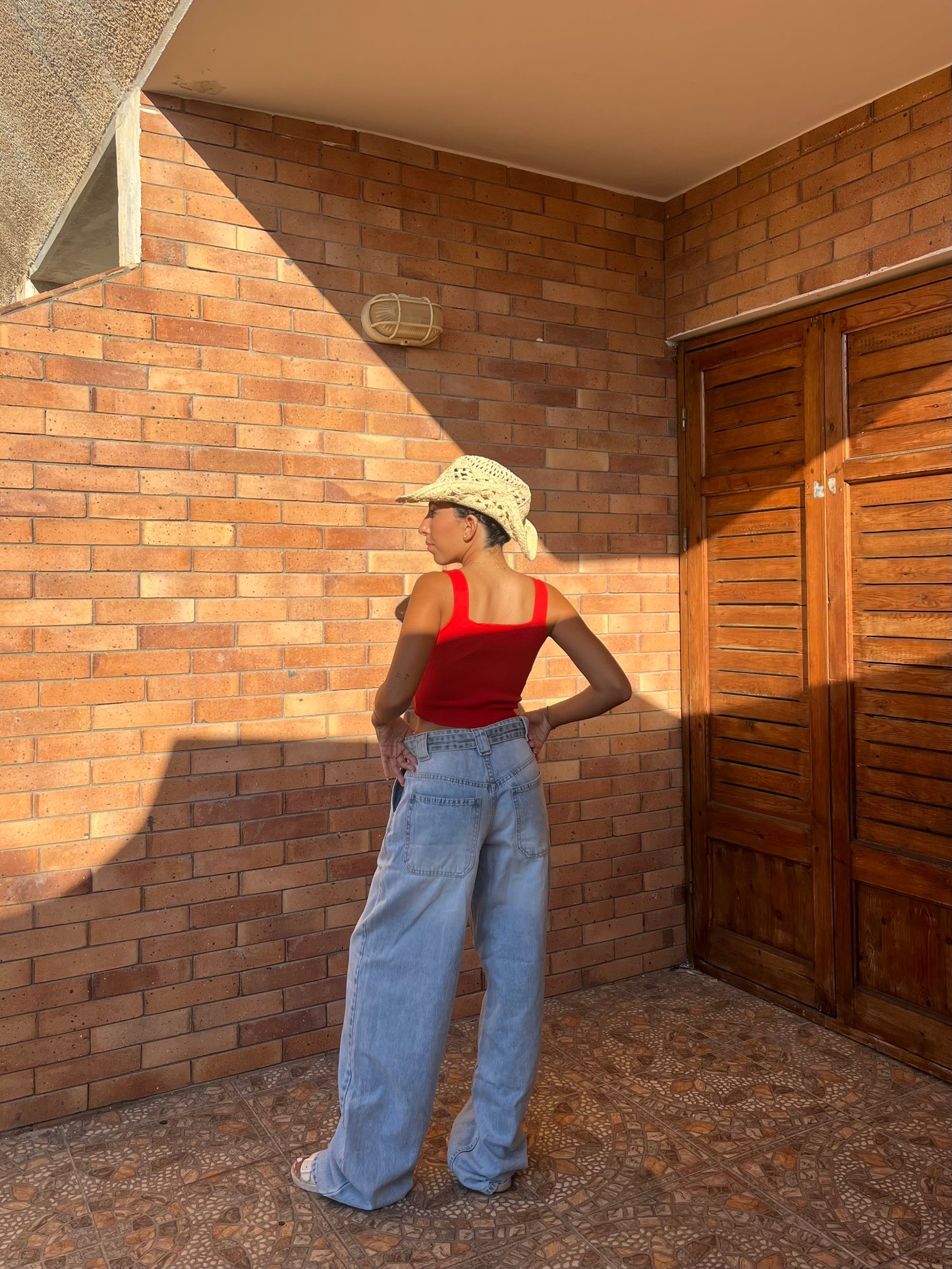 ” light blue Belted Baggy Pants”