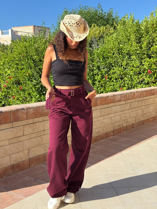 “Burgundy Belted Baggy Pants”