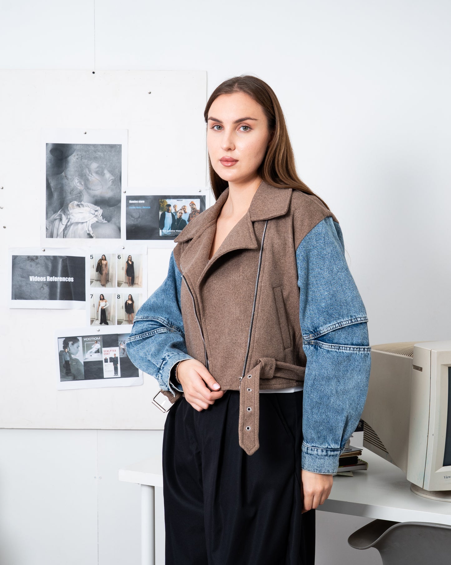 Cropped Biker Jacket with Denim Sleeves