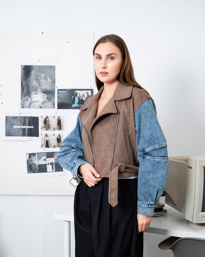 Cropped Biker Jacket with Denim Sleeves