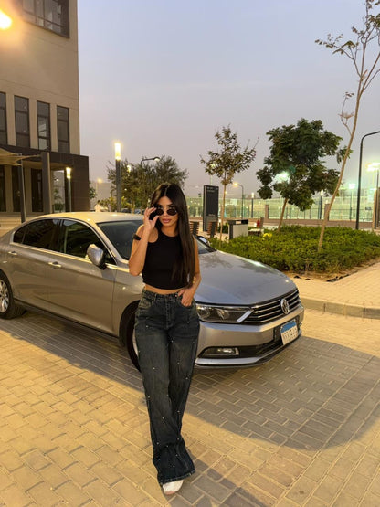 Pearl Embellished Wide Leg Denim Pants