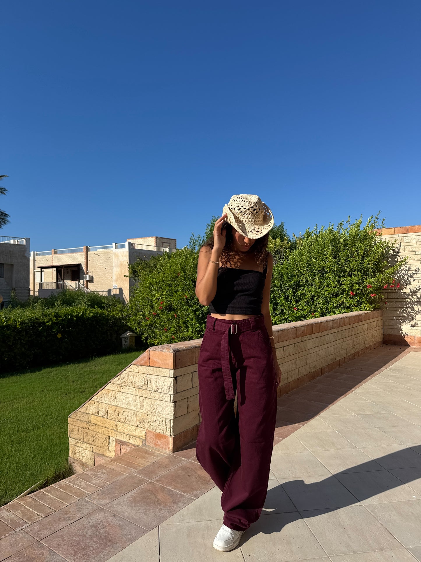 “Burgundy Belted Baggy Pants”