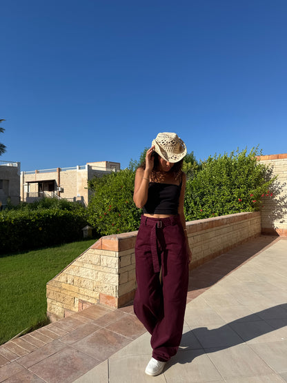 “Burgundy Belted Baggy Pants”