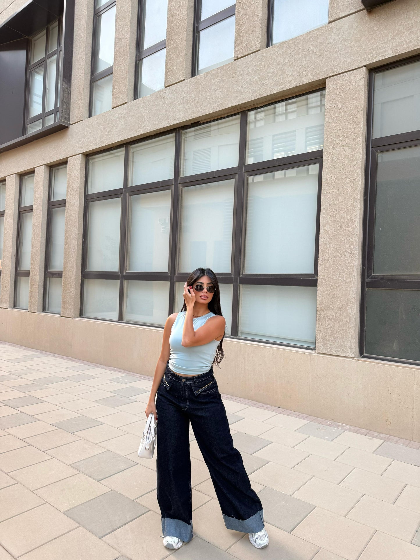 Wide Leg Denim Jeans with Metal Stud Details 2