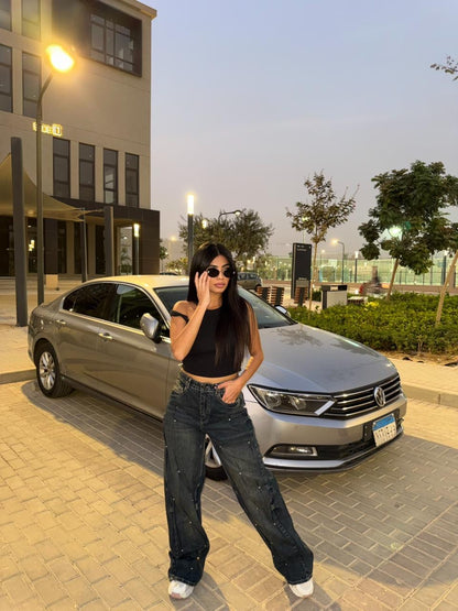 Pearl Embellished Wide Leg Denim Pants