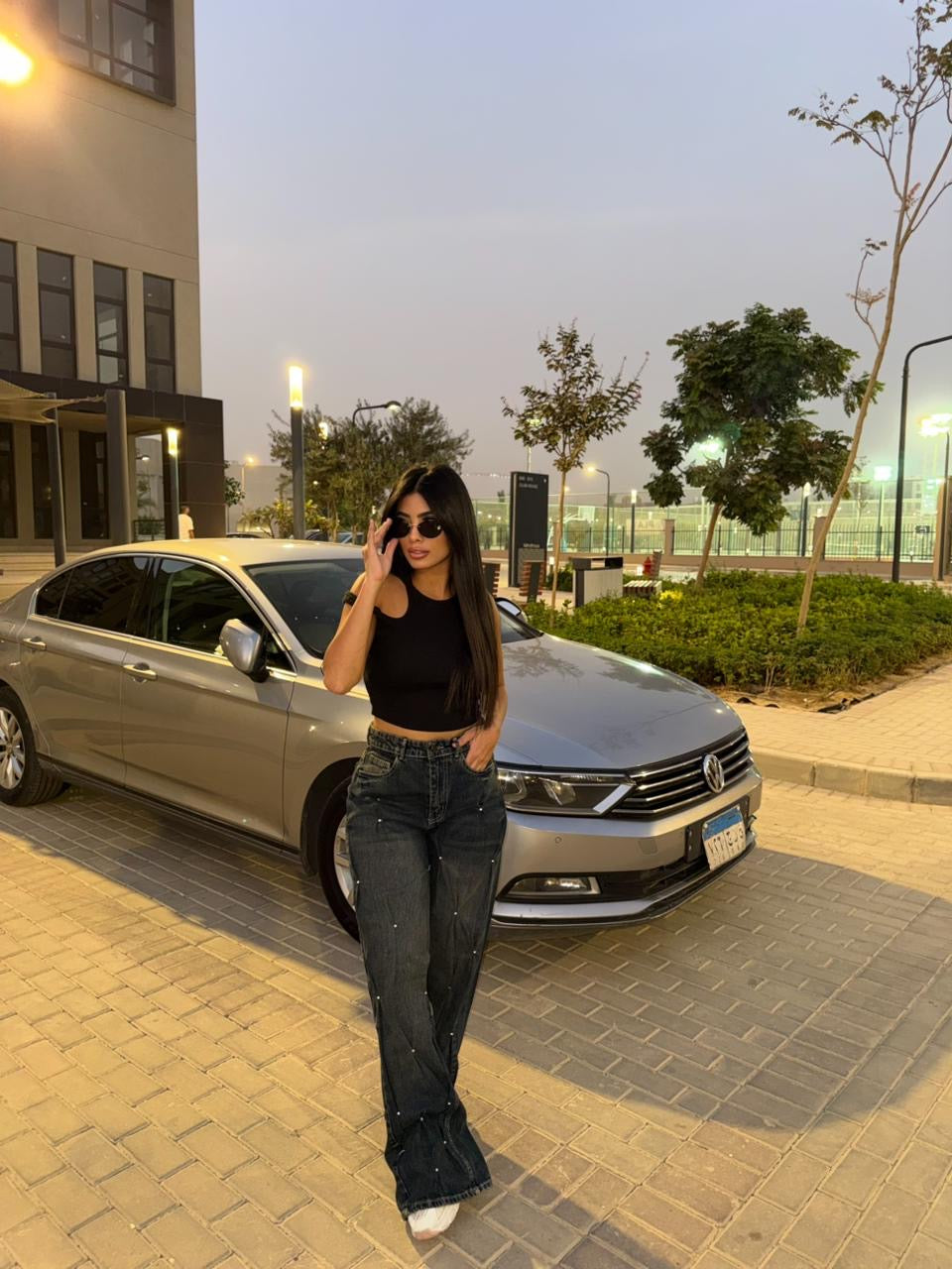 Pearl Embellished Wide Leg Denim Pants