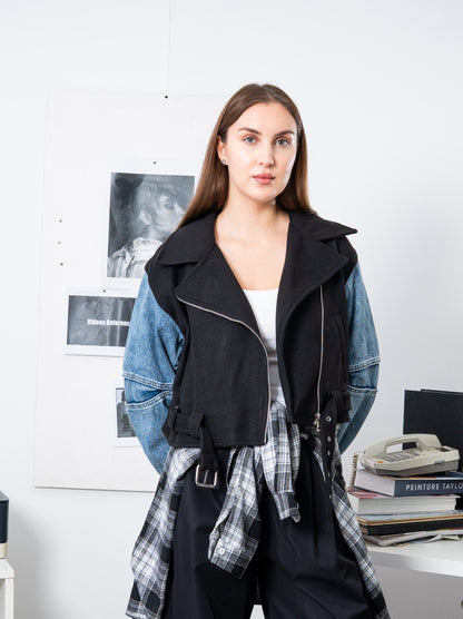 Cropped Biker Jacket with Denim Sleeves