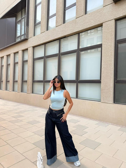 Wide Leg Denim Jeans with Metal Stud Details 2