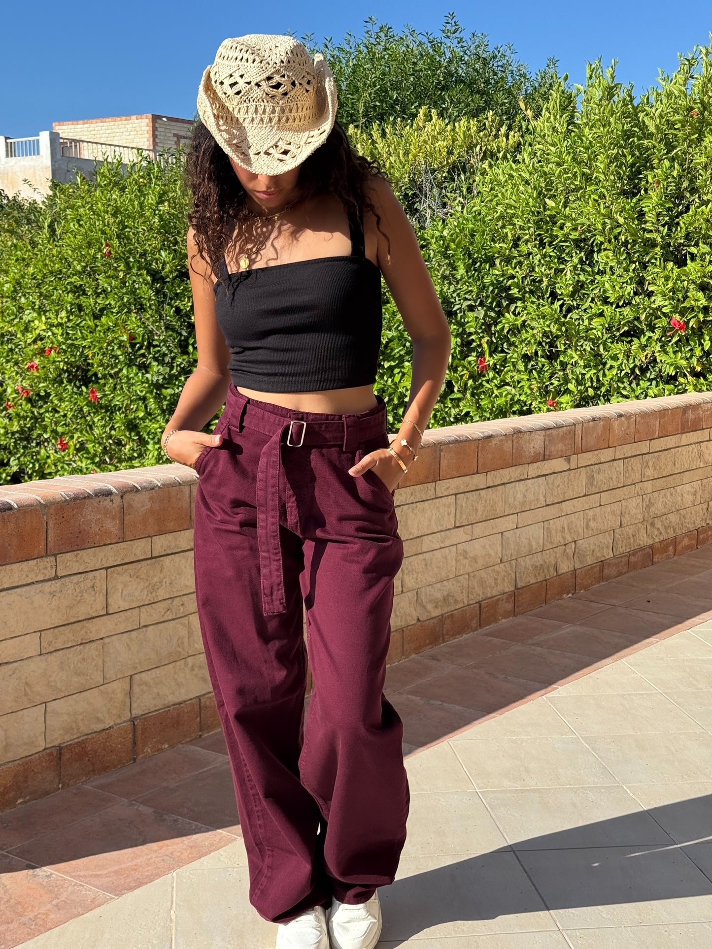 “Burgundy Belted Baggy Pants”
