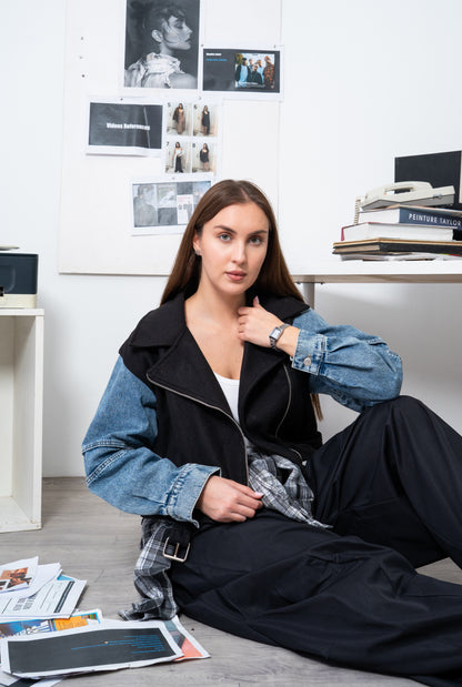 Cropped Biker Jacket with Denim Sleeves