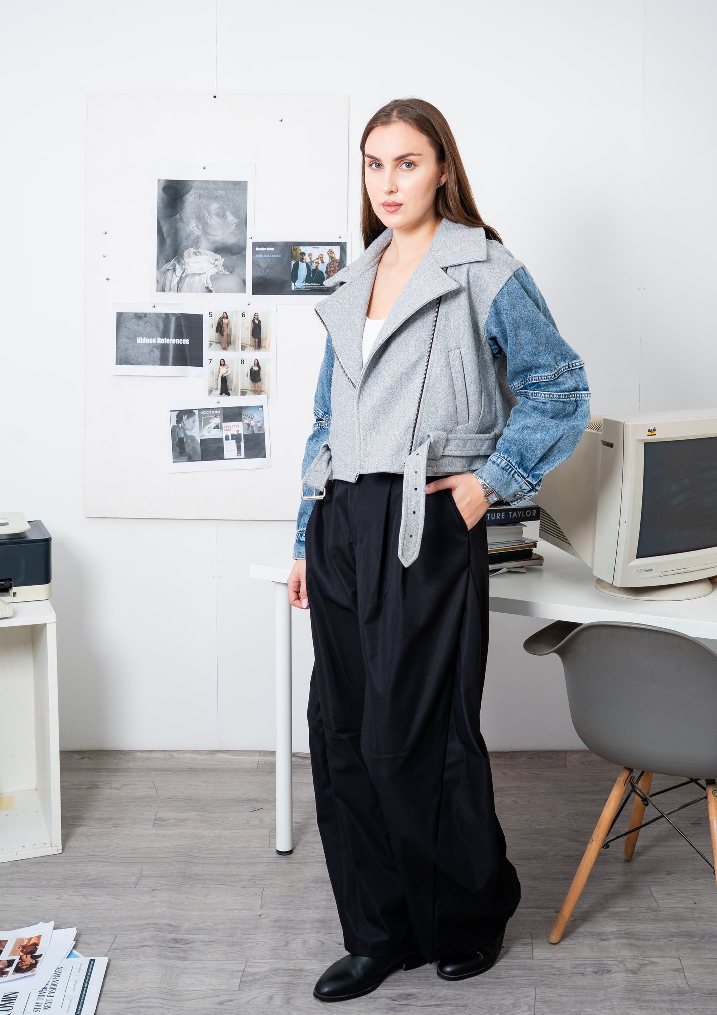 Cropped Biker Jacket with Denim Sleeves