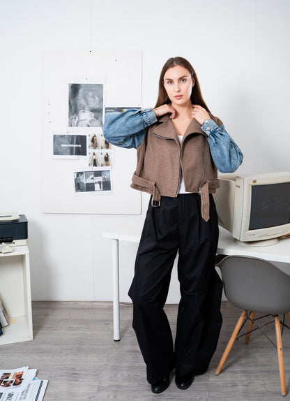 Cropped Biker Jacket with Denim Sleeves