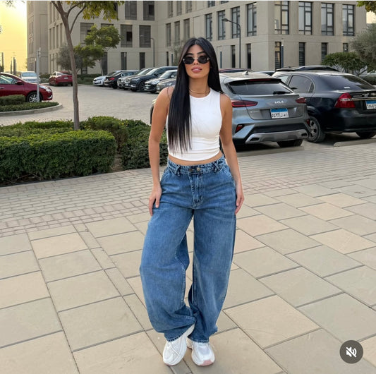 (Copy) Baggy Jeans with Double Button & X Tie 2B Blue