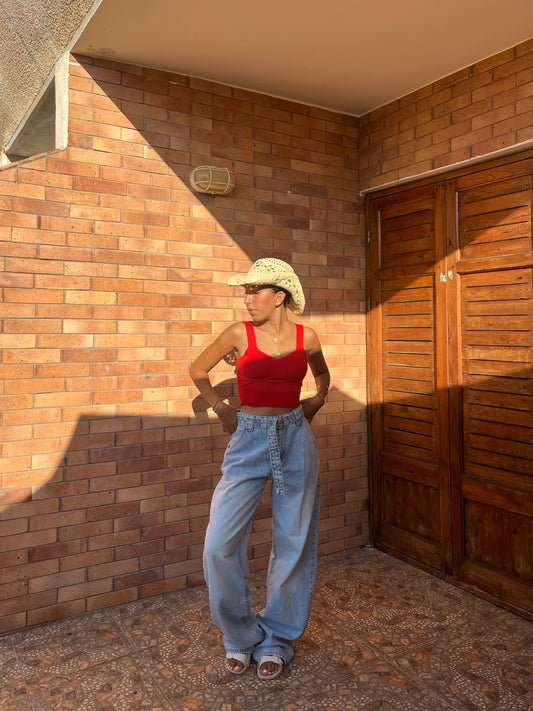 ” light blue Belted Baggy Pants”