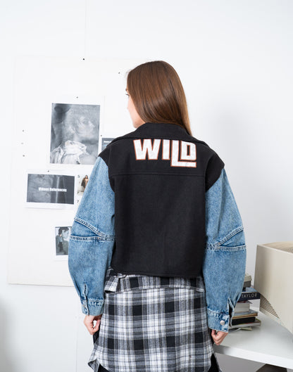 Cropped Biker Jacket with Denim Sleeves