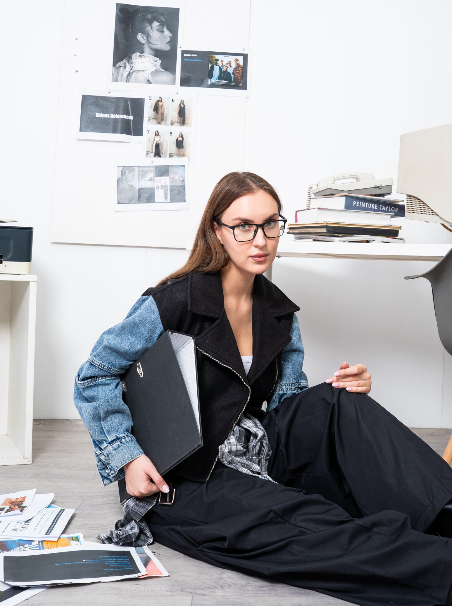 Cropped Biker Jacket with Denim Sleeves