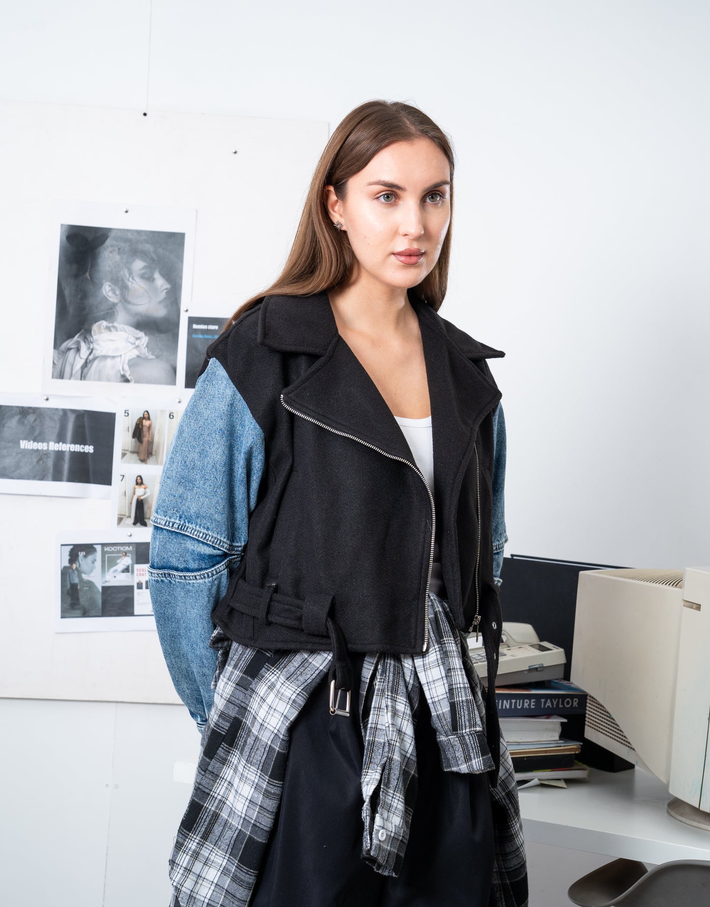 Cropped Biker Jacket with Denim Sleeves