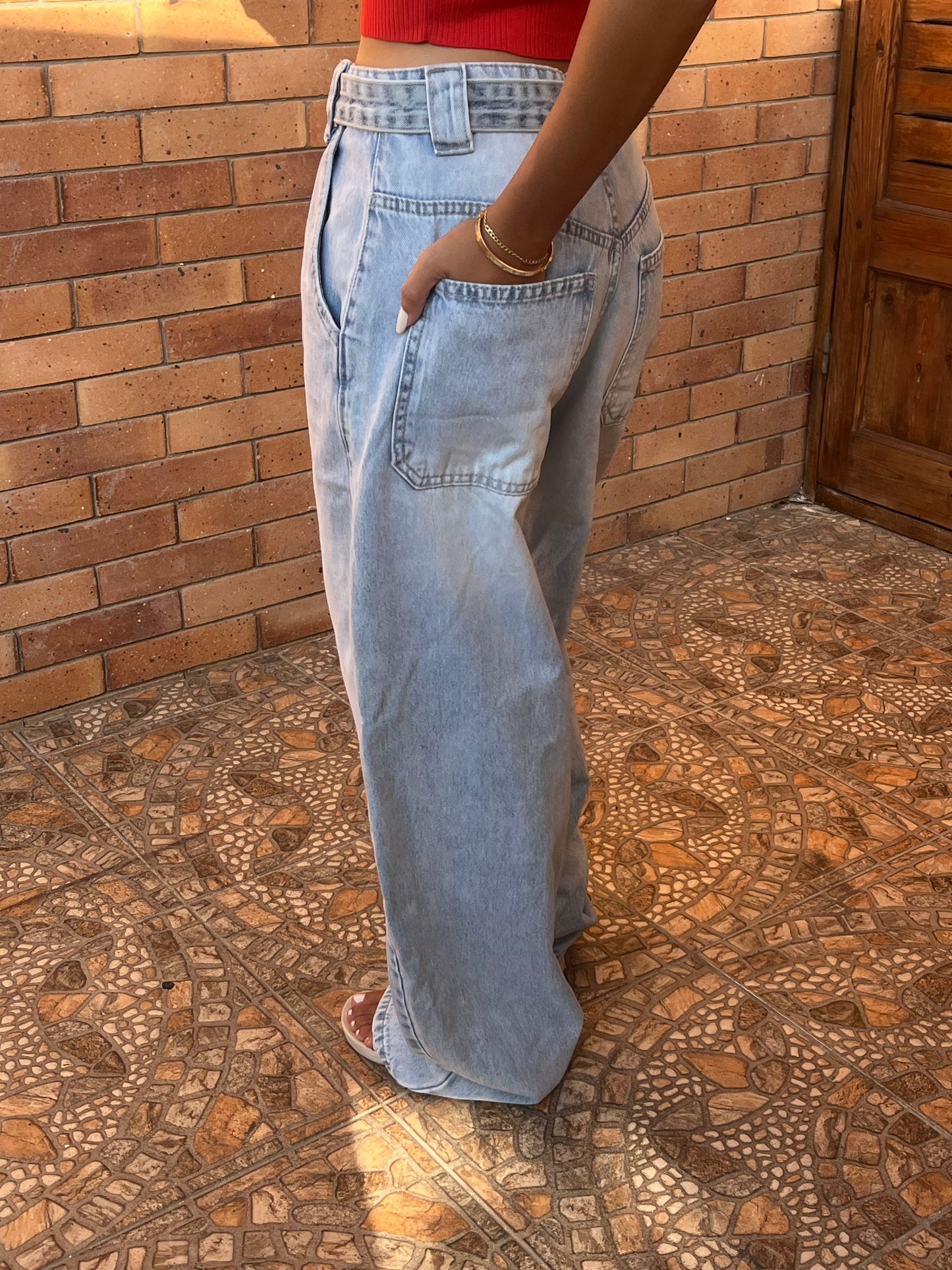 ” light blue Belted Baggy Pants”