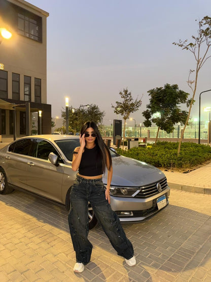 Pearl Embellished Wide Leg Denim Pants