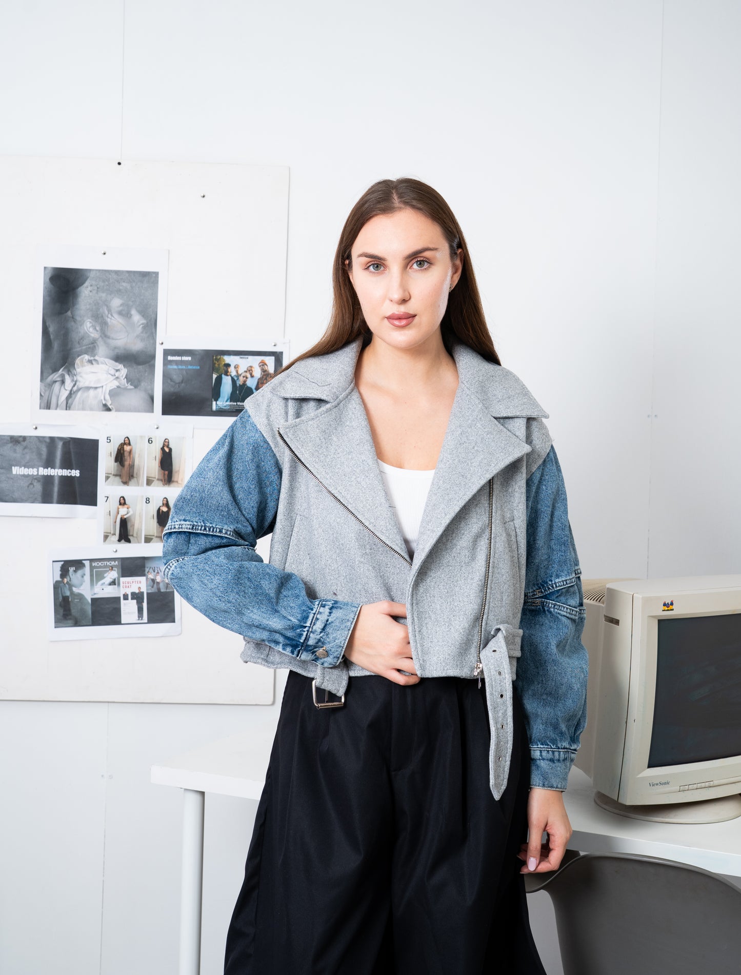 Cropped Biker Jacket with Denim Sleeves