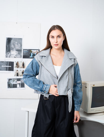 Cropped Biker Jacket with Denim Sleeves