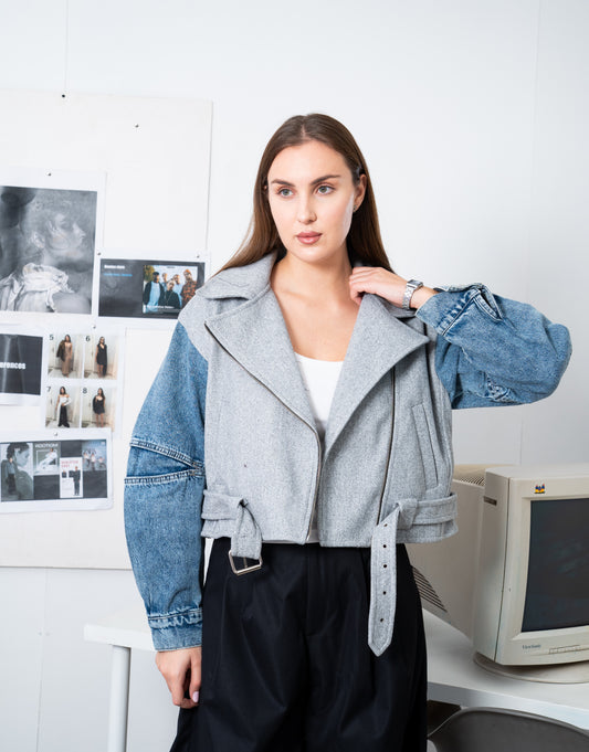 Cropped Biker Jacket with Denim Sleeves