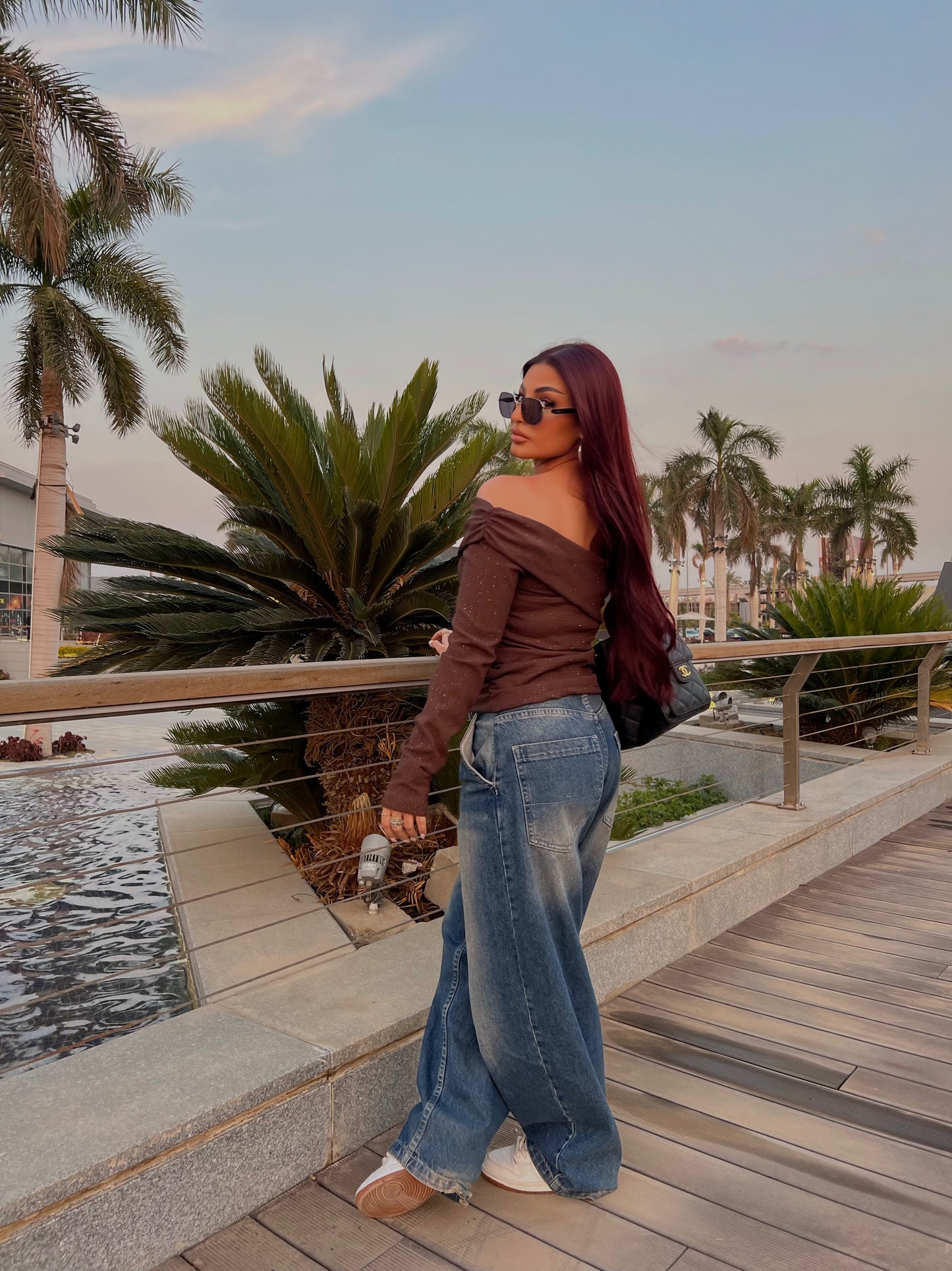 Off-Shoulder Shimmer Top 2 Brown