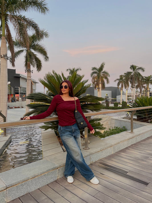 Off-Shoulder Shimmer Top 2 Burgandy