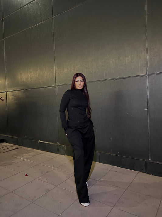 High Neck Shimmer Top1 with Side Slit Black