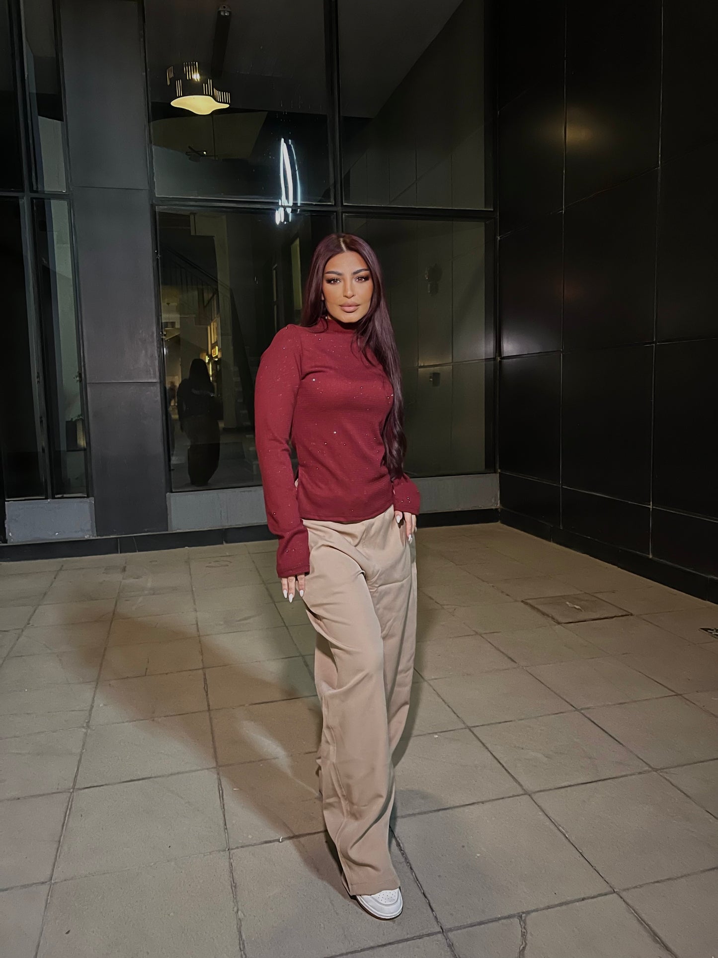 High Neck Shimmer Top1 with Side Slit Burgundy