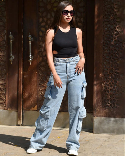 wide leg double cargo jeans