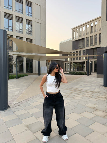 Baggy Jeans with Double Button & X Tie 2B Black