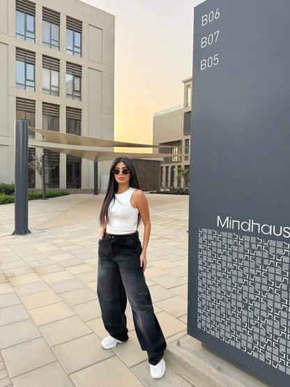 Baggy Jeans with Double Button & X Tie 2B Black