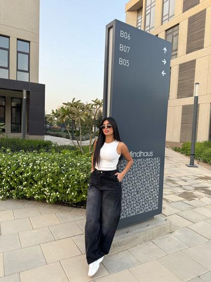 Baggy Jeans with Double Button & X Tie 2B Black