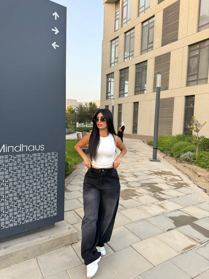 Baggy Jeans with Double Button & X Tie 2B Black